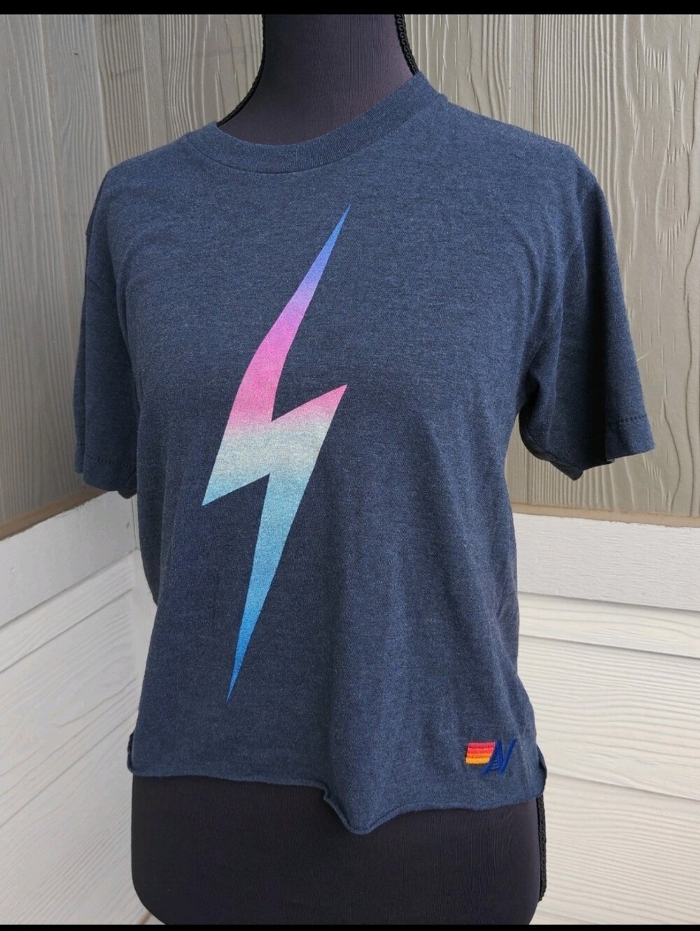 Aviator Nation Purple Bolt Short Sleeve Boyfriend Crop Tee Size S